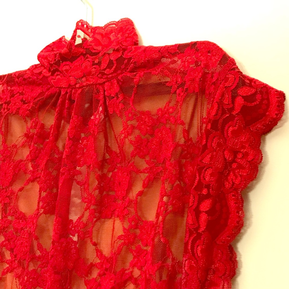 Red lace dress with nude underlay
